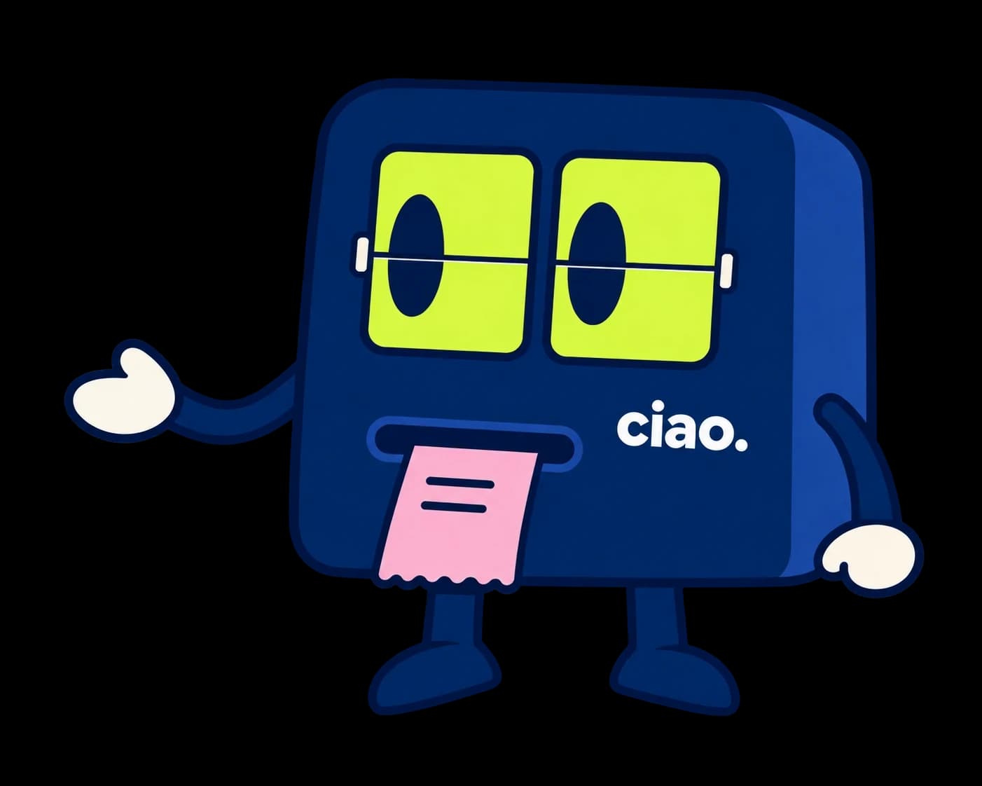 Flip, the Ciao mascot: a navy split-flap board character with lime eyes, sitting on the email card with his legs dangling, one hand held out in a presenting gesture